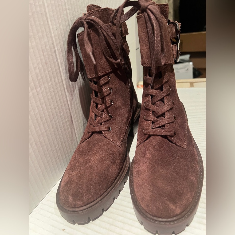 VINCE CAMUTO Fawdry Chocolate Brown Suede Lace Up Combat Motto Boot Size 7M NEW - Picture 8 of 14
